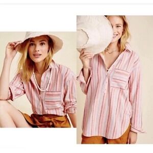 Maeve by Anthropologie Striped Linen Blend Button Down Shirt Women's Medium